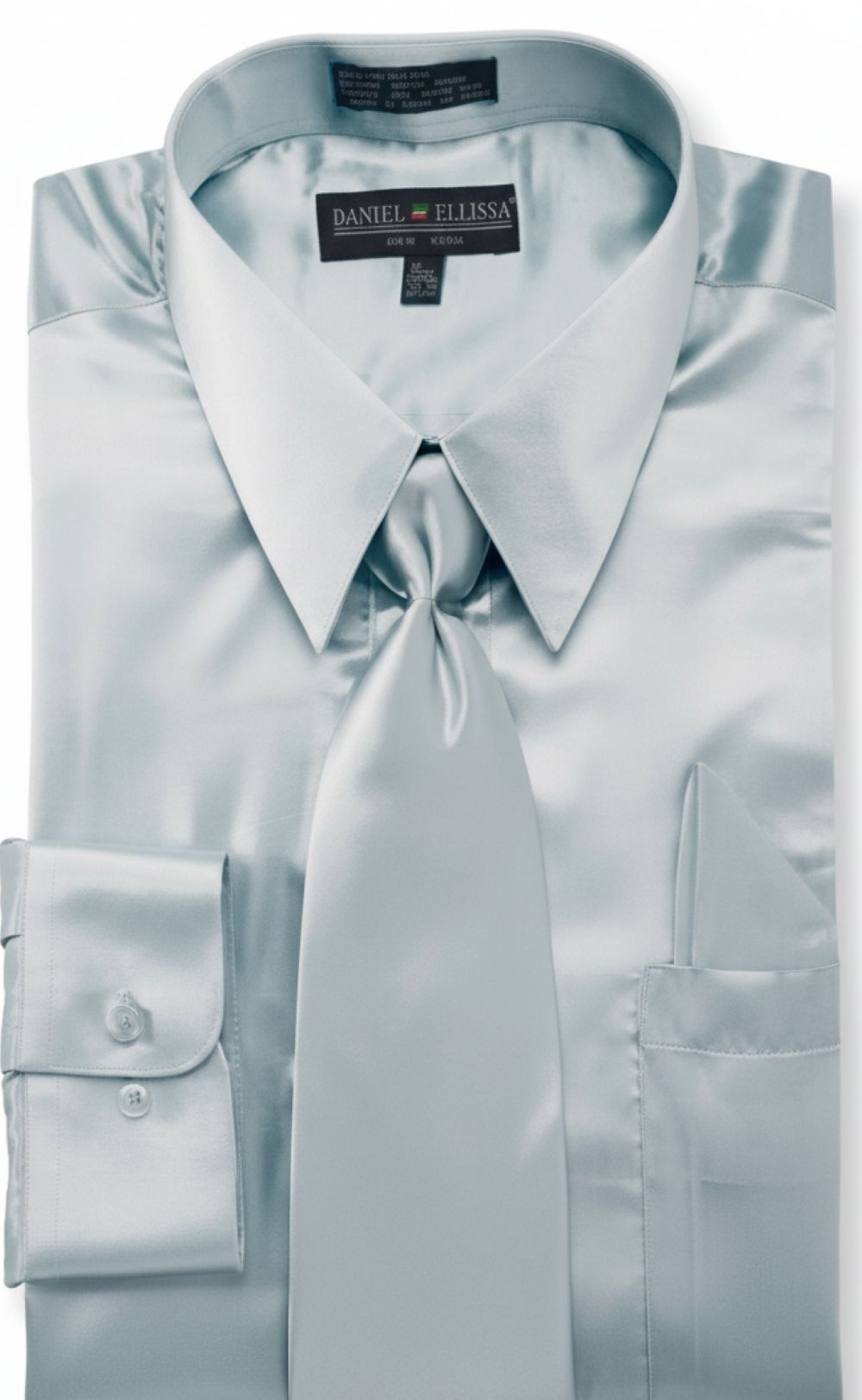 Satin Dress Shirt Convertible Cuff Regular Fit in Light Blue With Tie And Pocket Square