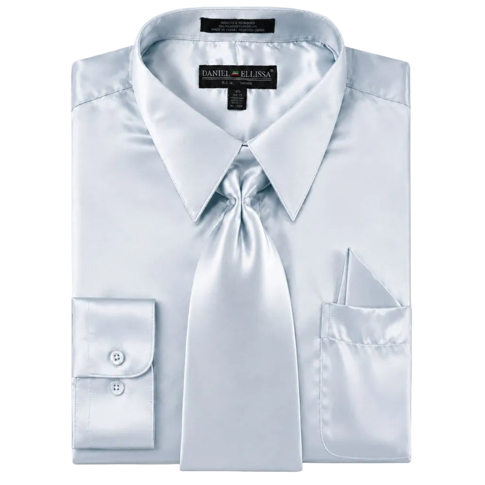 Satin Dress Shirt Convertible Cuff Regular Fit in Light Blue With Tie And Pocket Square