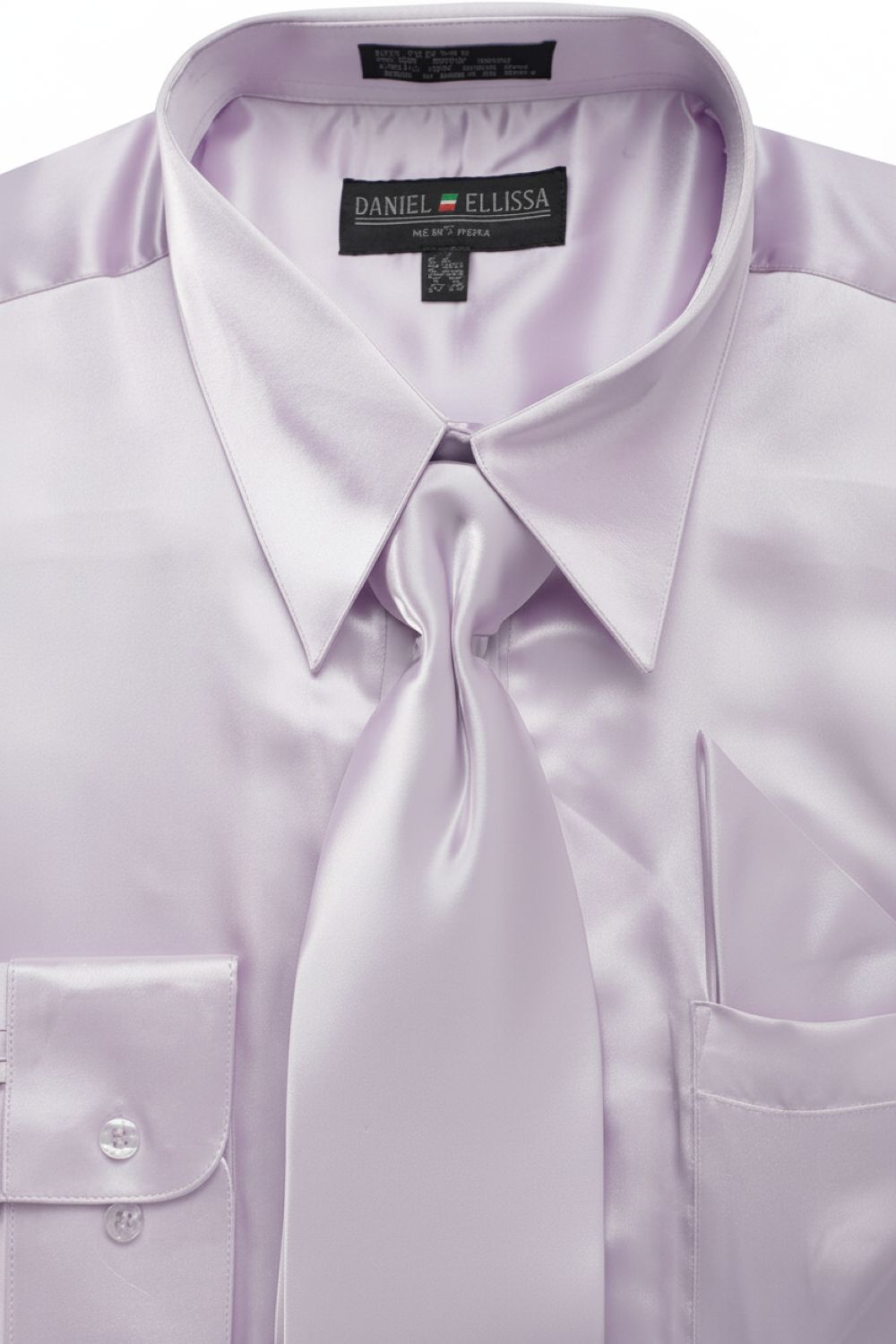 Satin Dress Shirt Convertible Cuff Regular Fit in Lilac With Tie And Pocket Square