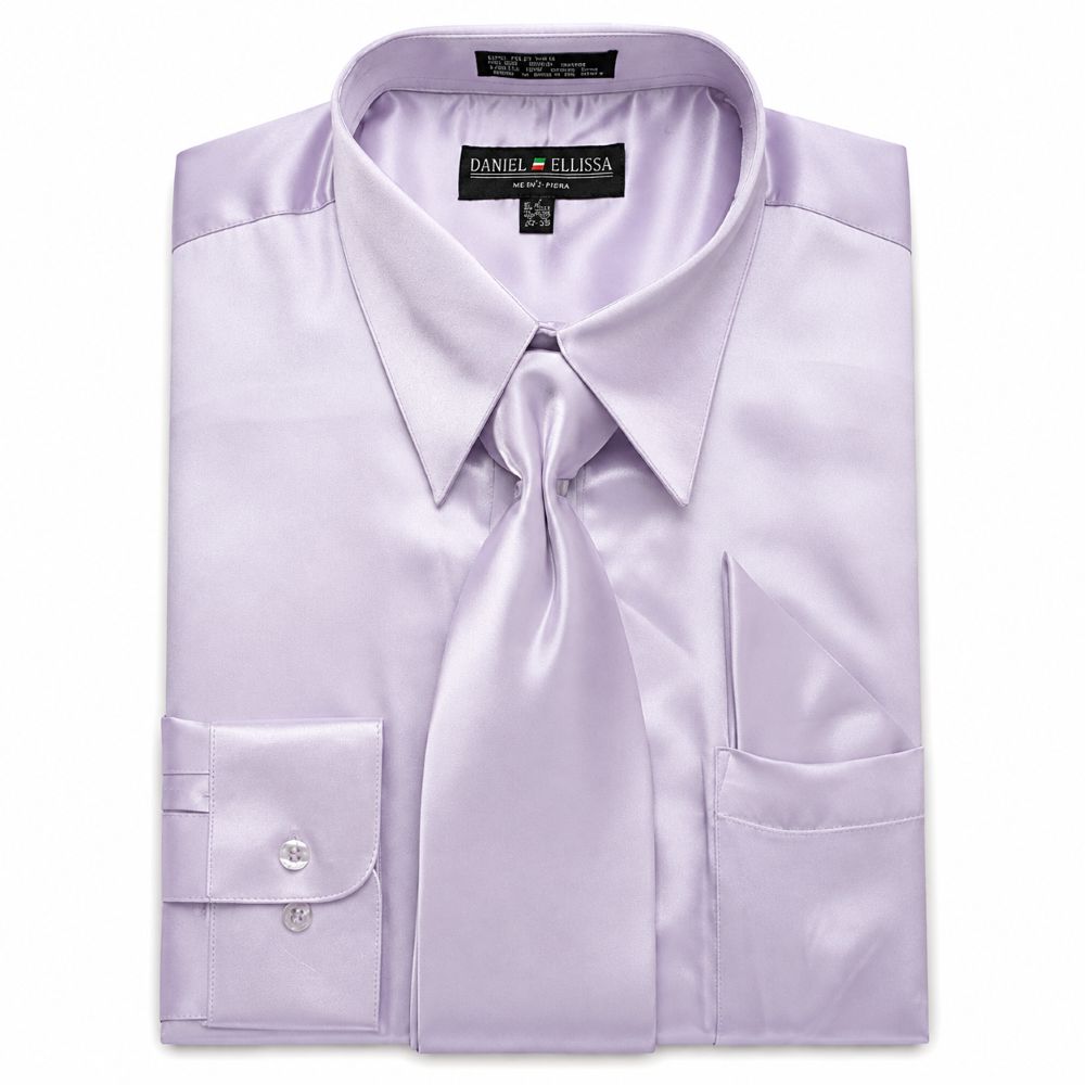 Satin Dress Shirt Convertible Cuff Regular Fit in Lilac With Tie And Pocket Square