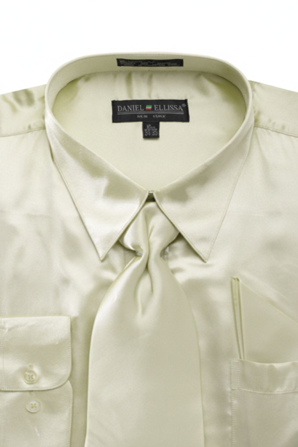 Satin Dress Shirt Convertible Cuff Regular Fit in Olive With Tie And Pocket Square