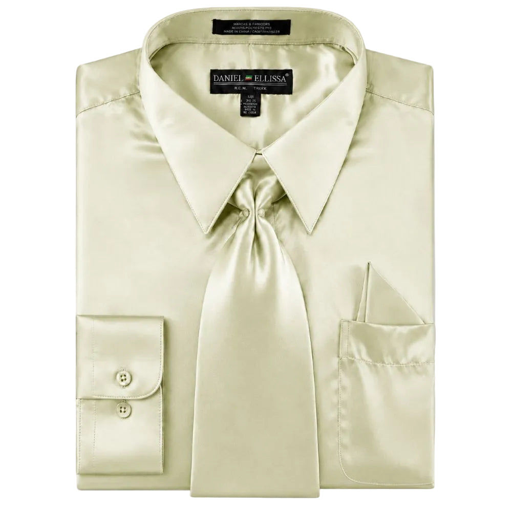 Satin Dress Shirt Convertible Cuff Regular Fit in Olive With Tie And Pocket Square
