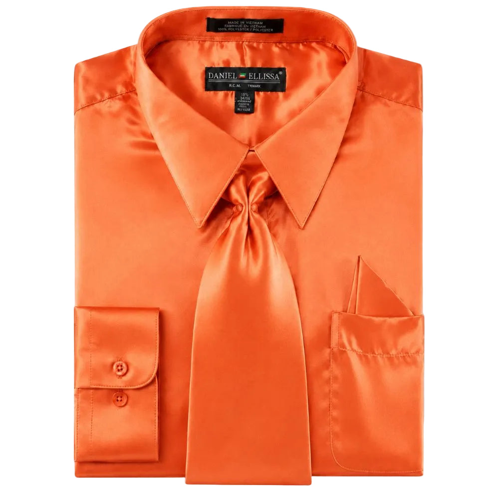 Satin Dress Shirt Convertible Cuff Regular Fit in Orange With Tie And Pocket Square