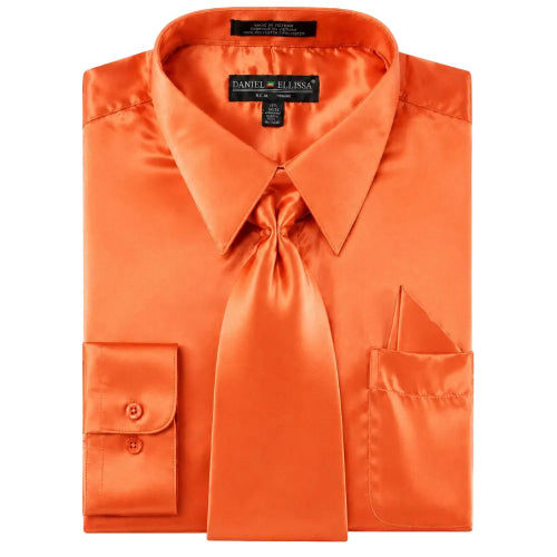 Orange regular fit satin dress shirt with tie and pocket square