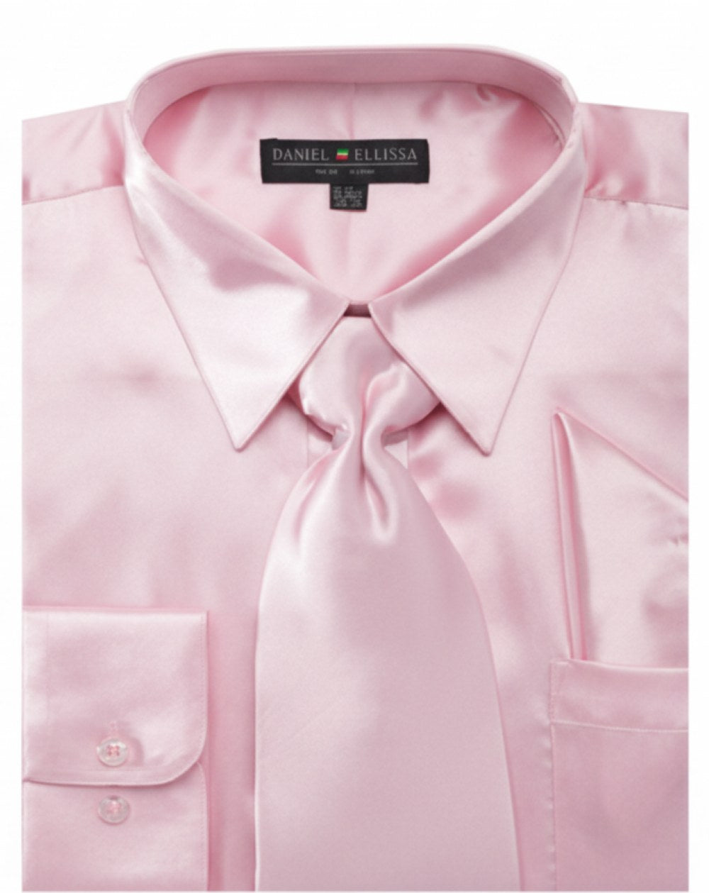 Satin Dress Shirt Convertible Cuff Regular Fit in Pink With Tie And Pocket Square