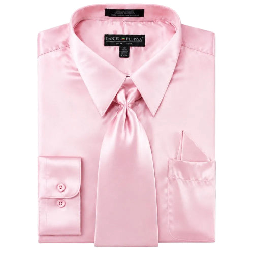 Pink regular fit satin dress shirt with tie and pocket square
