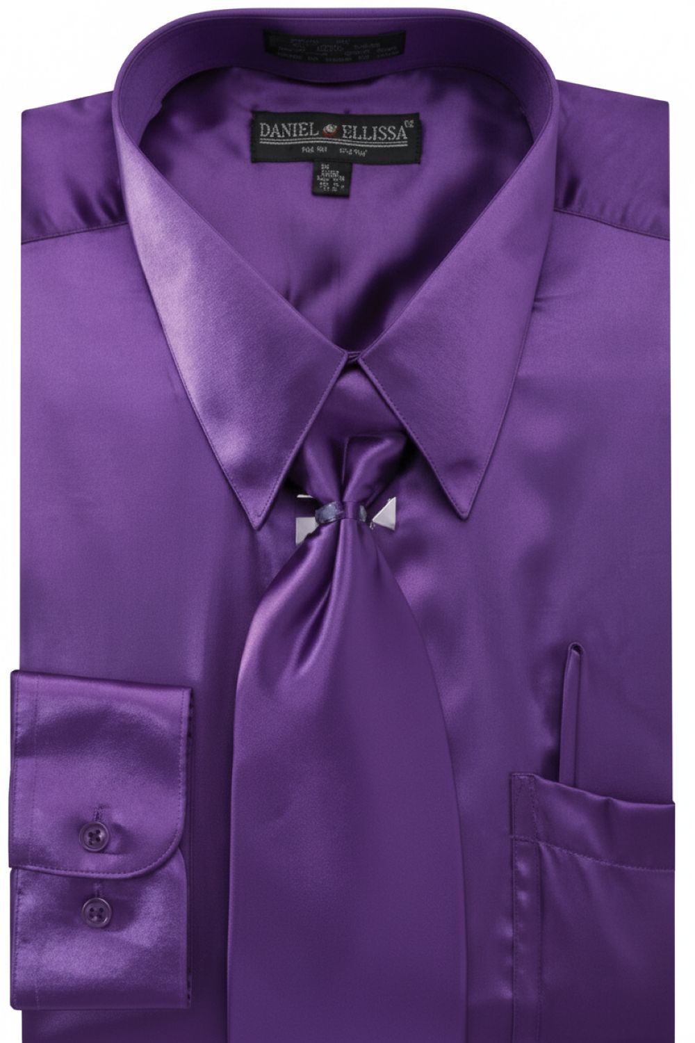 Satin Dress Shirt Convertible Cuff Regular Fit in Purple With Tie And Pocket Square