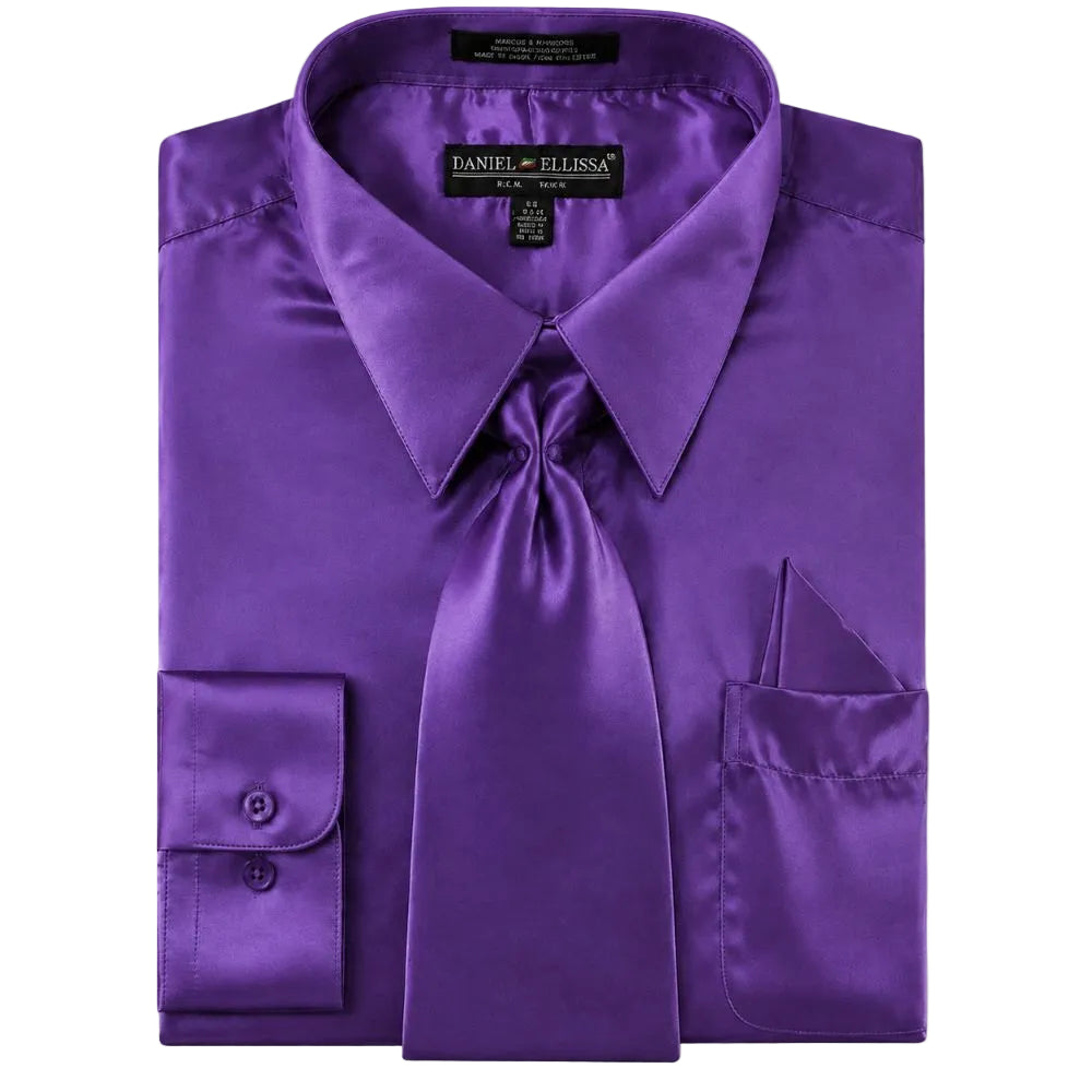 Satin Dress Shirt Convertible Cuff Regular Fit in Purple With Tie And Pocket Square