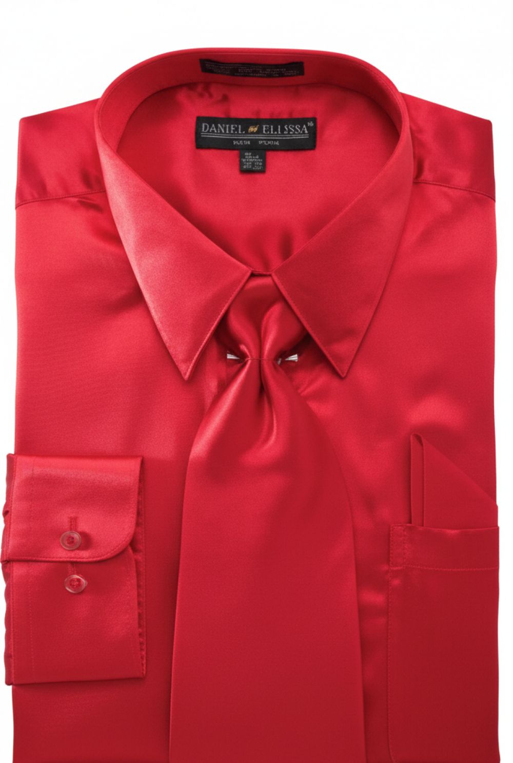 Satin Dress Shirt Convertible Cuff Regular Fit in Red With Tie And Pocket Square