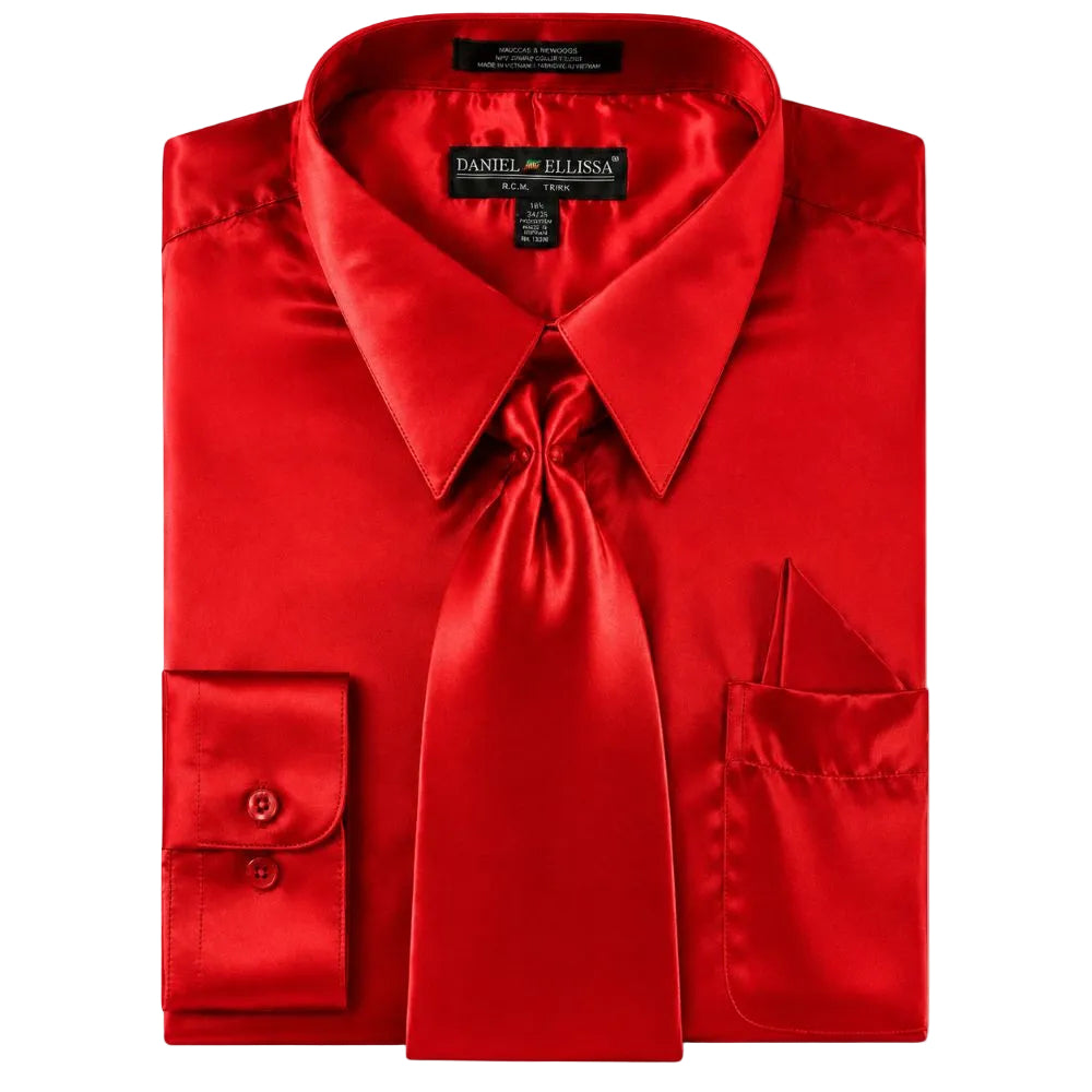 Satin Dress Shirt Convertible Cuff Regular Fit in Red With Tie And Pocket Square