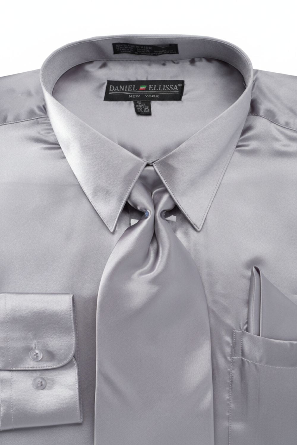 Satin Dress Shirt Convertible Cuff Regular Fit in Silver With Tie And Pocket Square