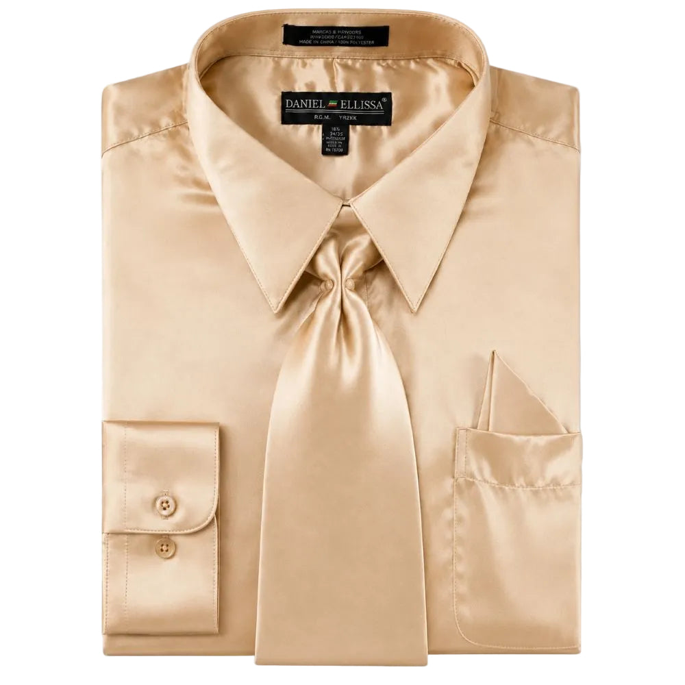Satin Dress Shirt Convertible Cuff Regular Fit in Taupe With Tie And Pocket Square