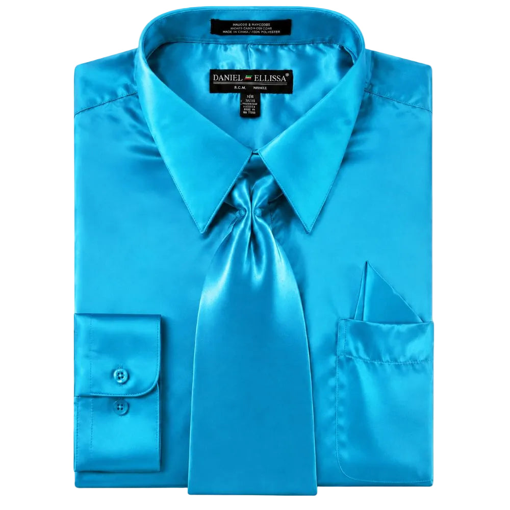 Satin Dress Shirt Convertible Cuff Regular Fit in Turquoise With Tie And Pocket Square