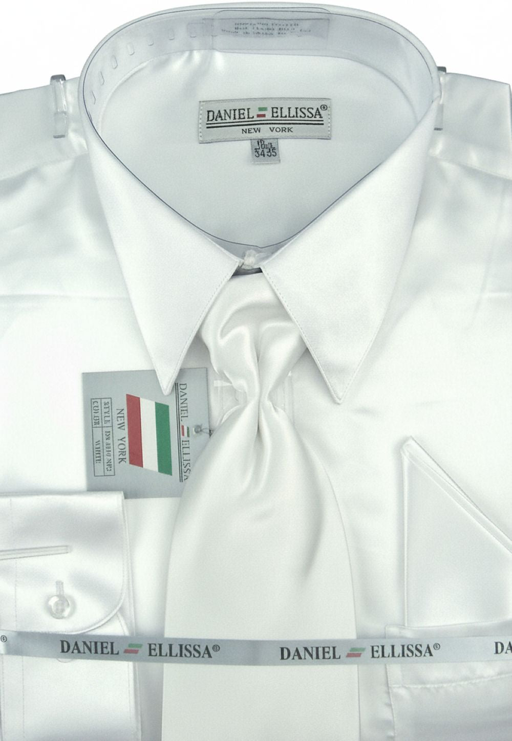 Satin Dress Shirt Convertible Cuff Regular Fit in White With Tie And Pocket Square