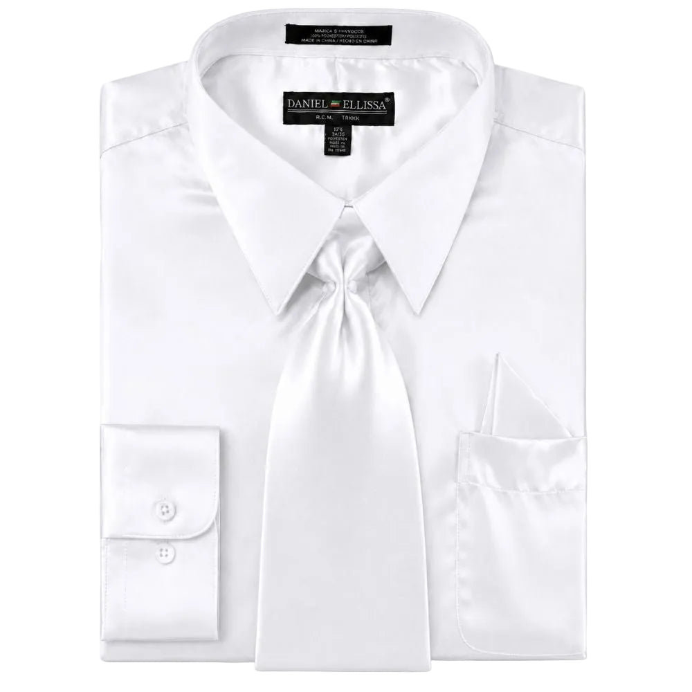 Satin Dress Shirt Convertible Cuff Regular Fit in White With Tie And Pocket Square