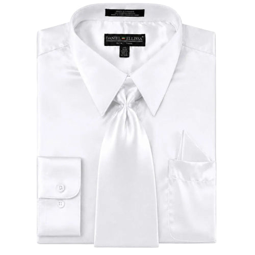 White regular fit satin dress shirt with tie and pocket square