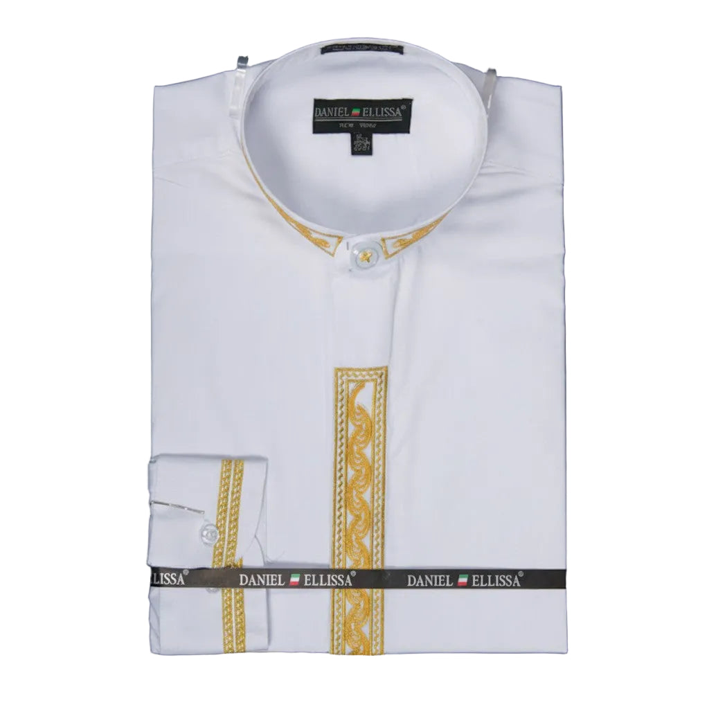 Men's (18 ½, 19½) Basic Banded Collar Convertible Cuff Dress Shirt Wave Print in White/Gold 18½ 34/35 / White/Gold