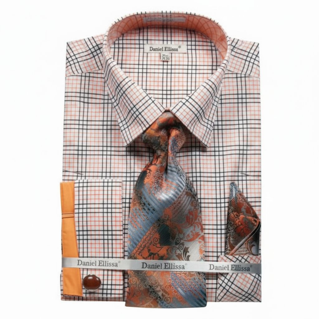 Plaid French Cuff Dress Shirt Set - Black/Orange