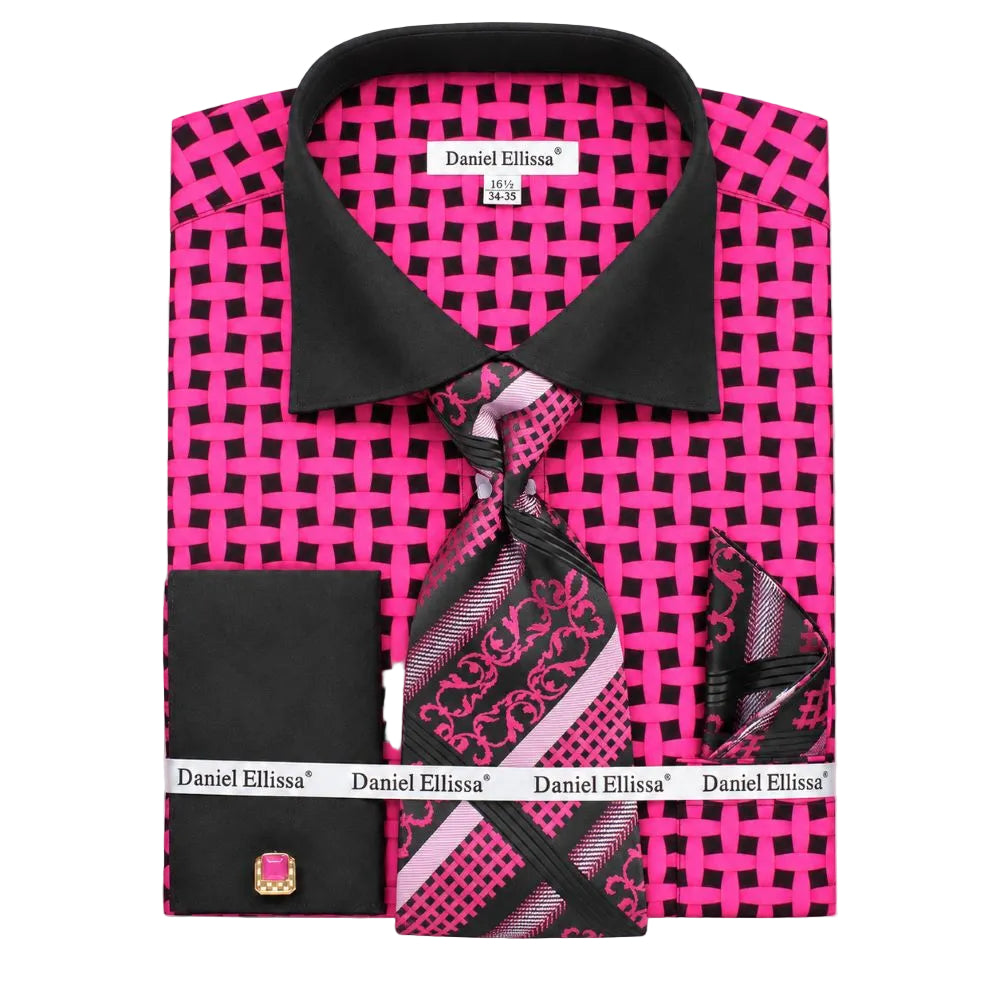 French Cuff Checker Pattern Cotton Shirt in Black/Fuchsia with Tie, Cuff Links and Handkerchief