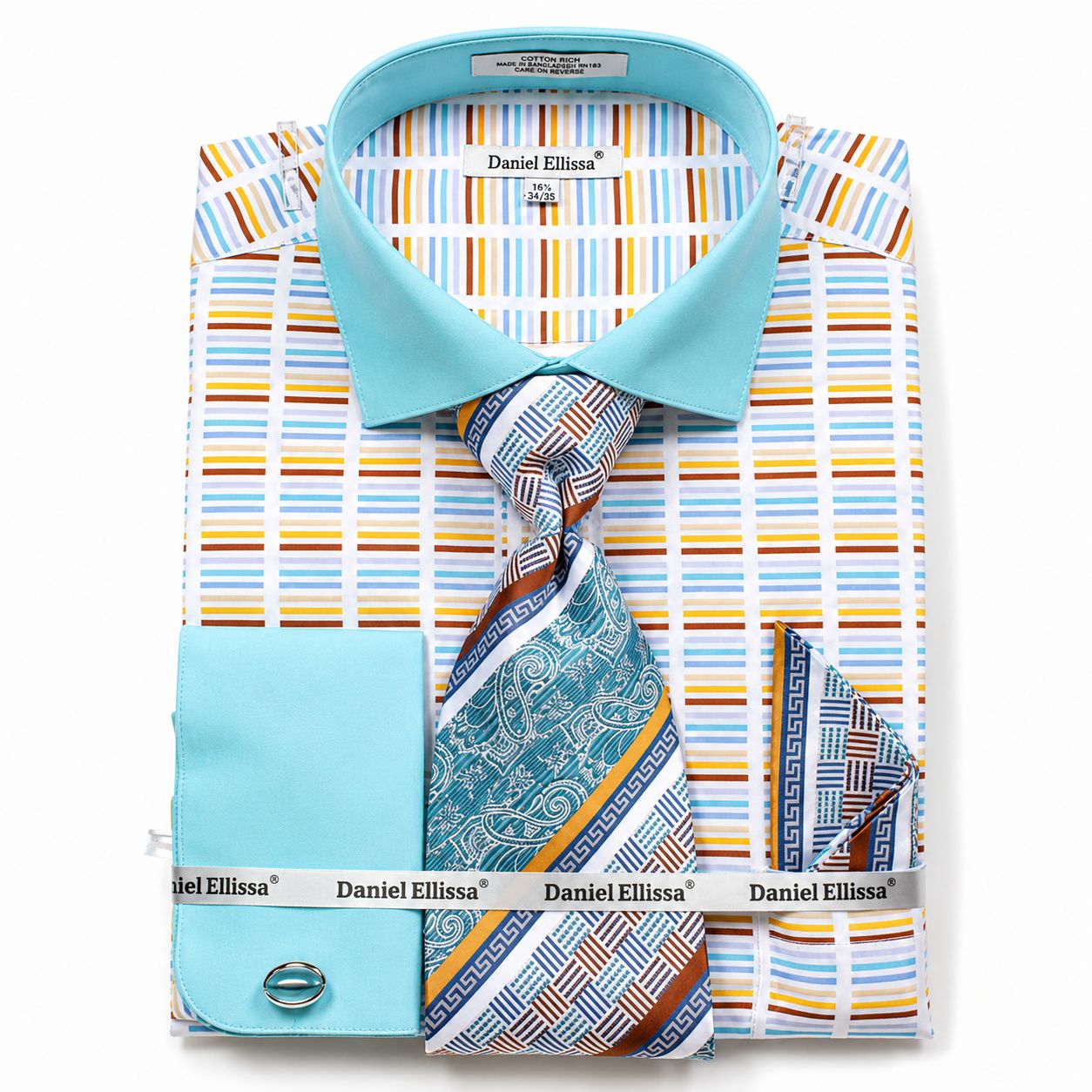 French Cuff Cotton Shirt Set in Turquoise with Tie, Cuff Links and Pocket Square