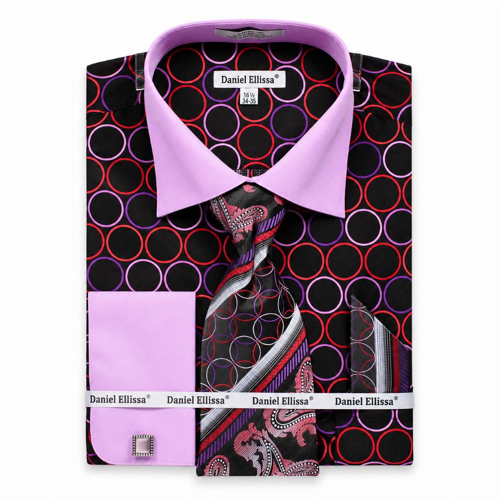 French Cuff Circle Printed Cotton Shirt in Black/Lilac