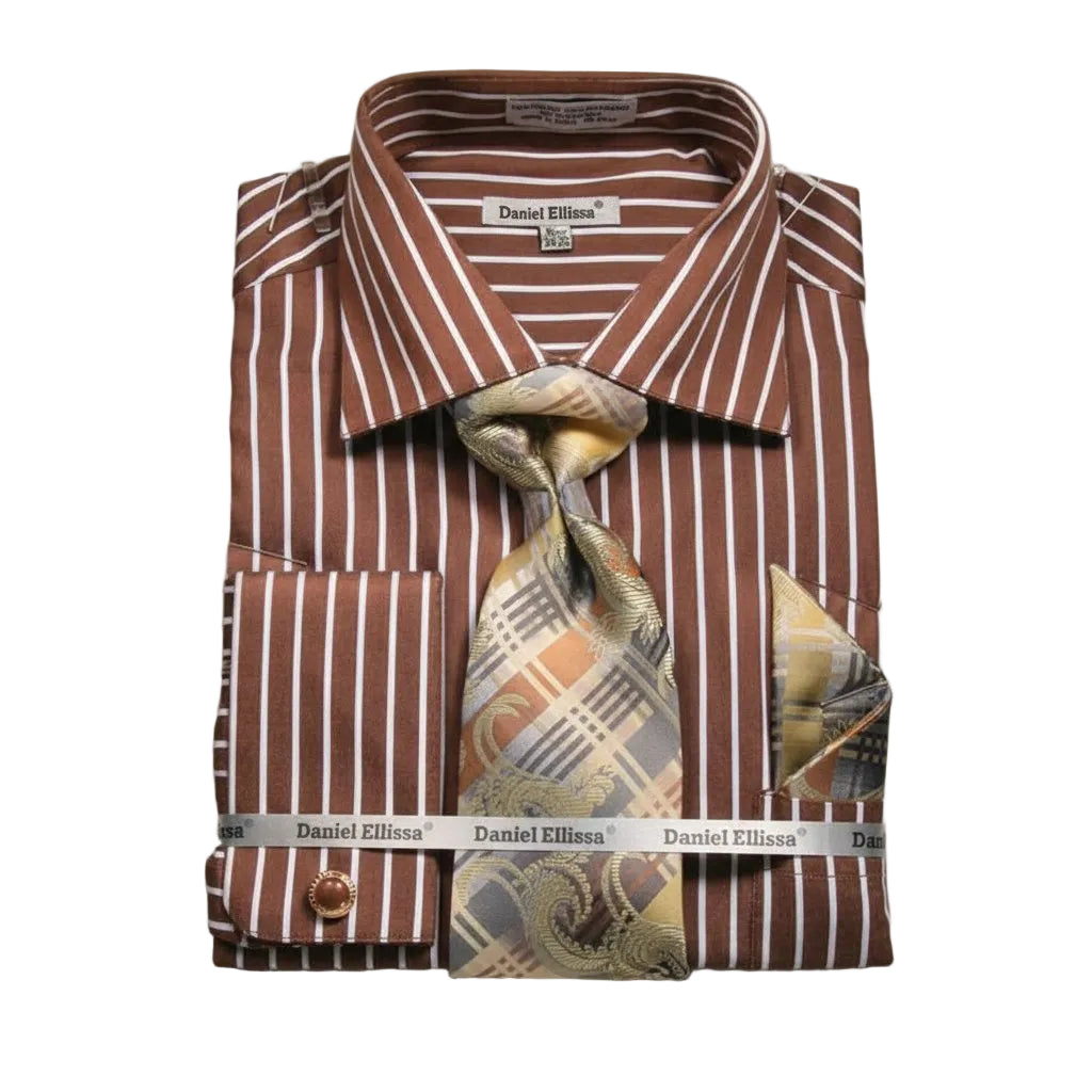 Folded brown striped shirt with a patterned tie on a light gray background
