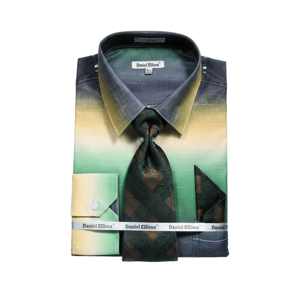 Green Multi Color Printed Dress Shirt Set with Convertible Cuff