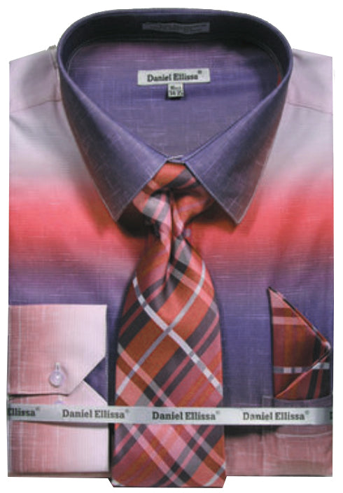Checkered Salmon Multi Color Printed Dress Shirt Set with Convertible Cuff, showing tie, collar, buttons.