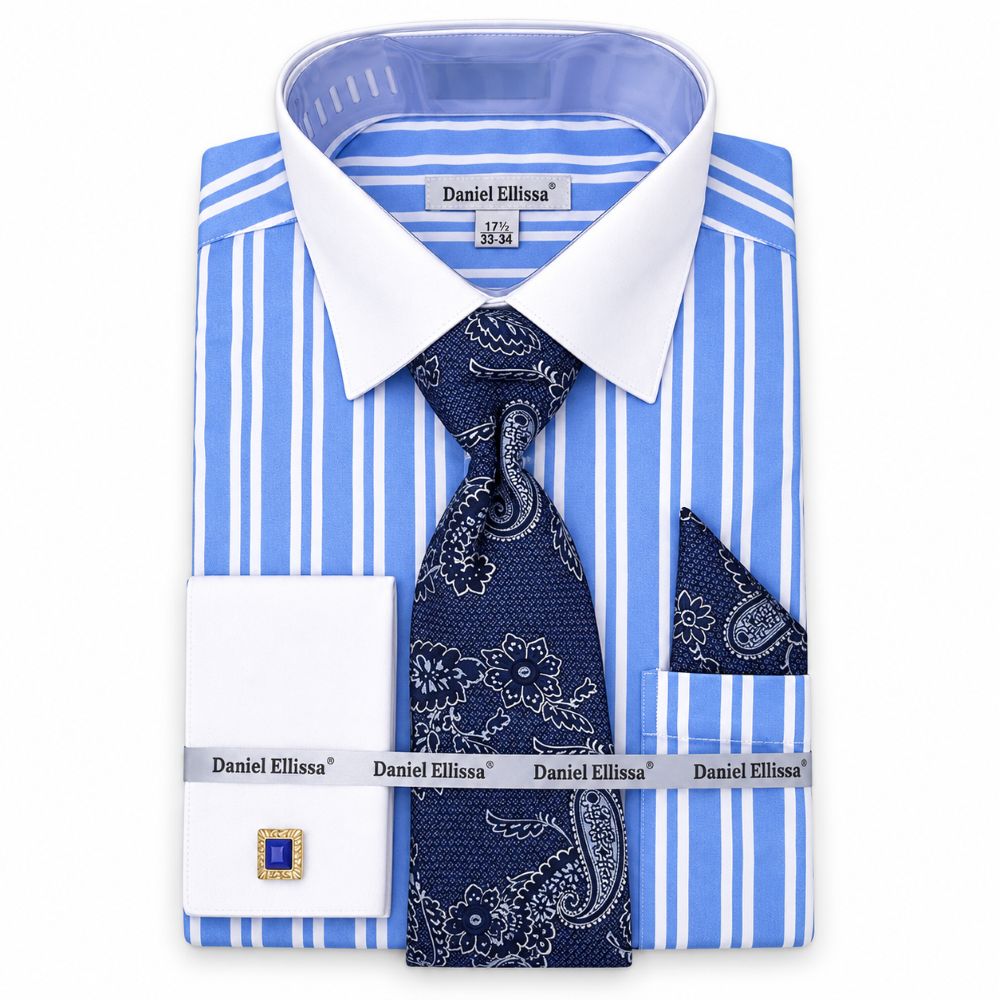 Blue Striped French Cuff Dress Shirt Set with Tie and Pocket Square