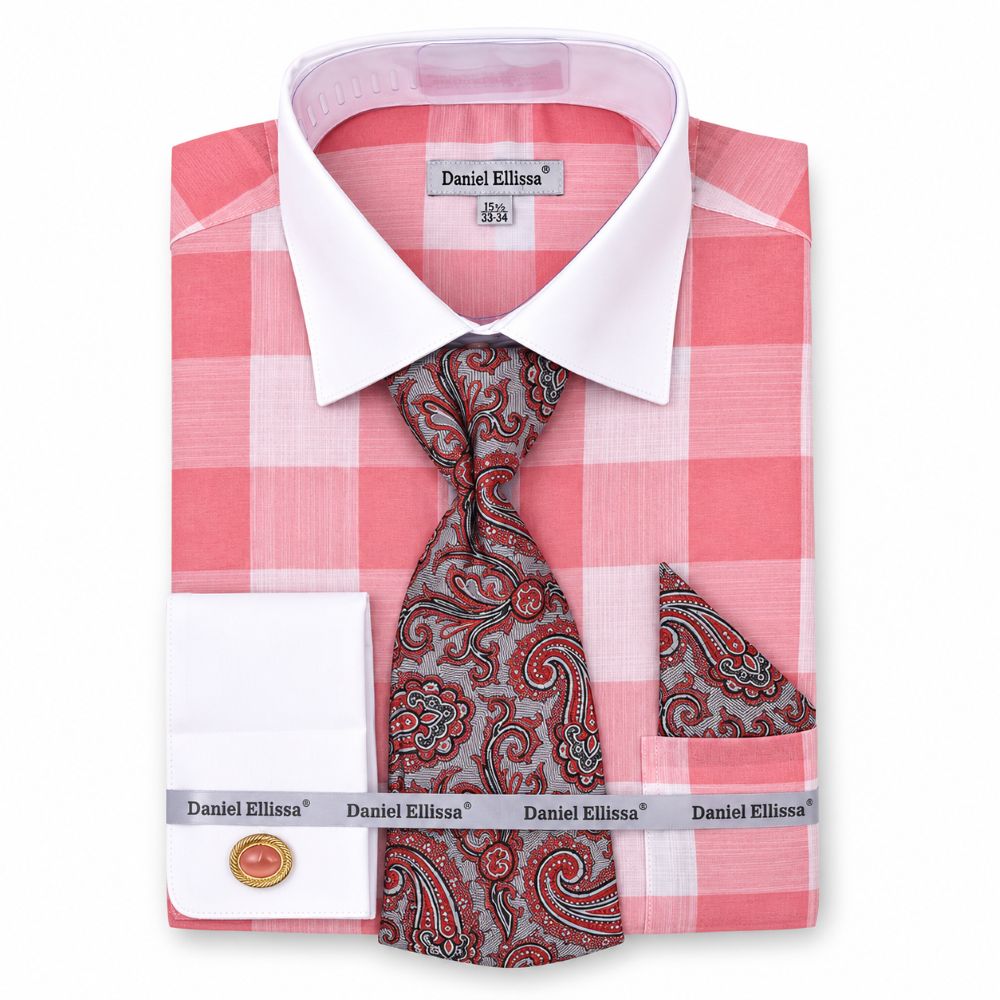 Coral Tone on Tone Check Printed French Cuff Dress Shirt Set with Tie and Pocket Square