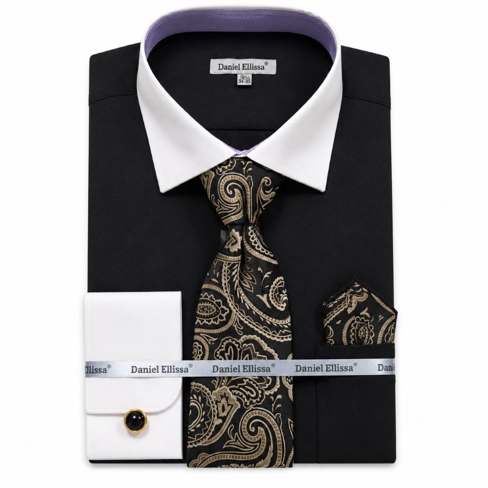 Black Geometric Jacquard Pattern French Cuff Dress Shirt Set