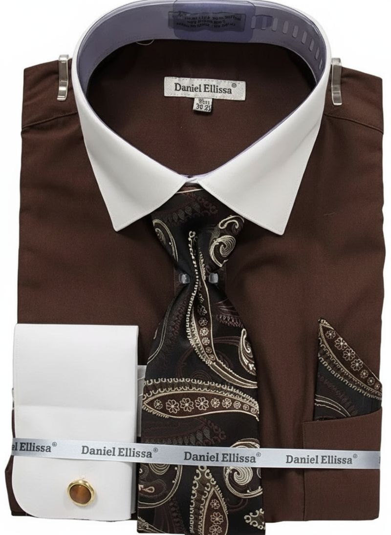 Men's Brown Geometric Jacquard Pattern French Cuff Dress Shirt Set 15½ 33/34 / Brown