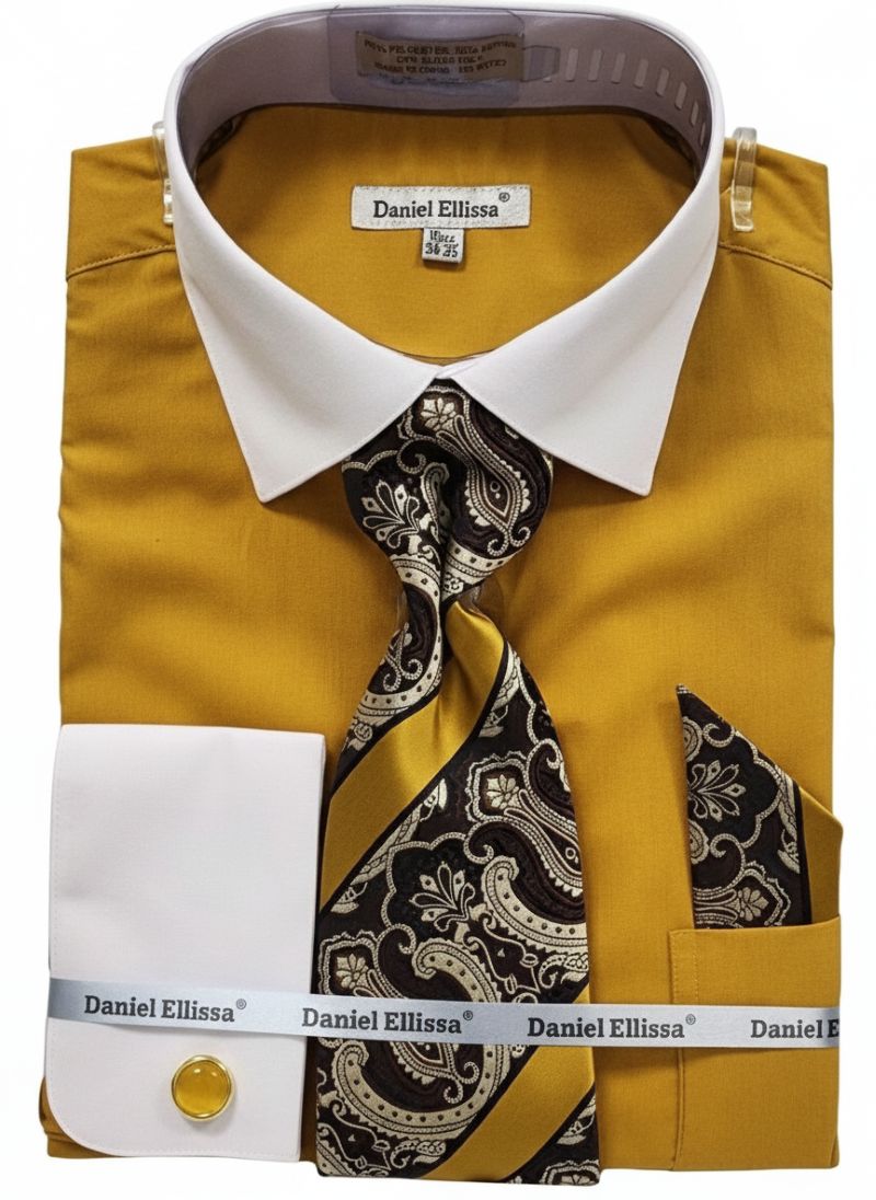 Mustard Geometric Jacquard Pattern French Cuff Dress Shirt Set