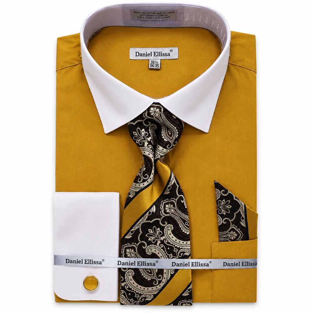 Mustard Geometric Jacquard Pattern French Cuff Dress Shirt Set