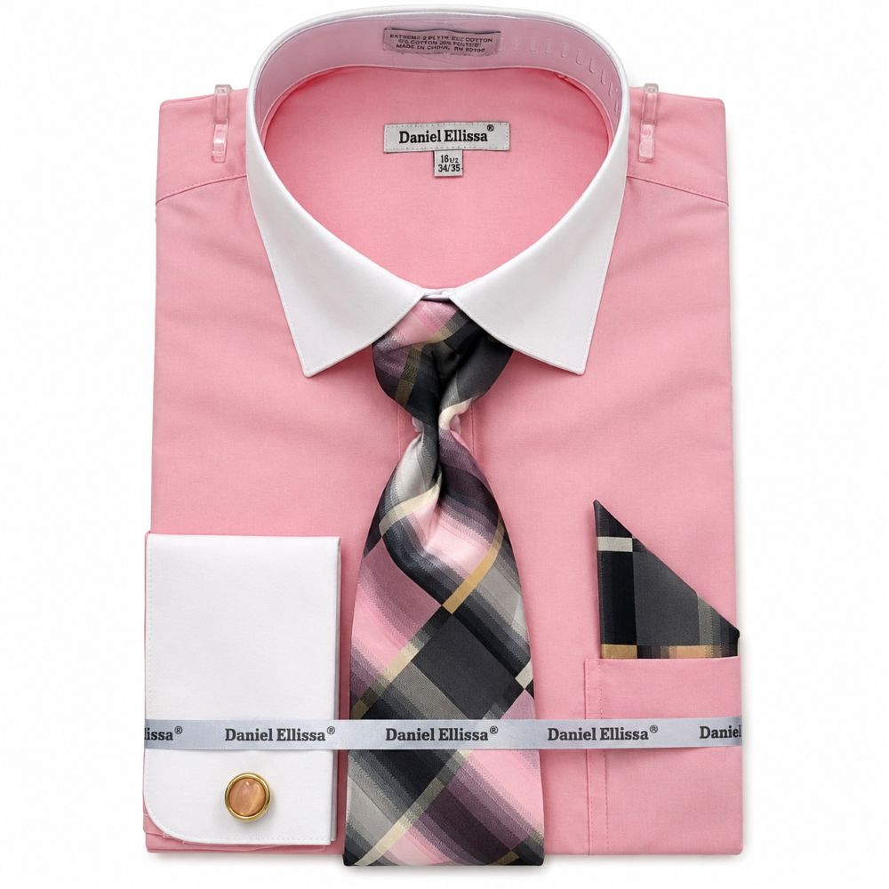 Pink Geometric Jacquard Pattern French Cuff Dress Shirt Set