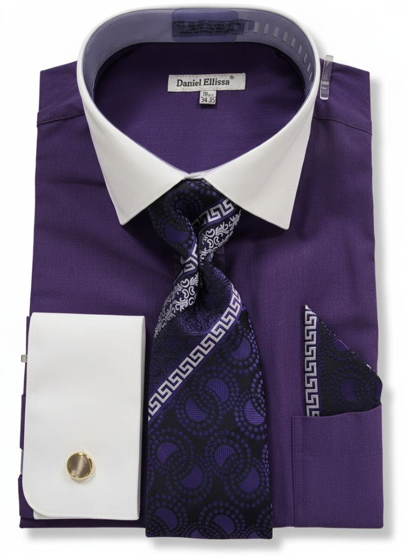 fitted lace wedding dress Men's Purple Geometric Jacquard Pattern French Cuff Dress Shirt Set 19½ 36/37 / Purple