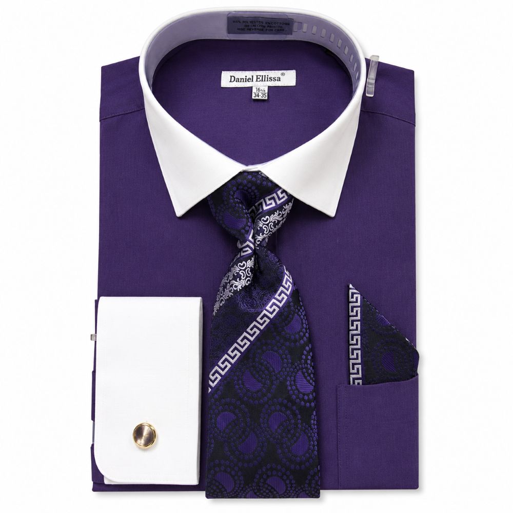 Purple Geometric Jacquard Pattern French Cuff Dress Shirt Set