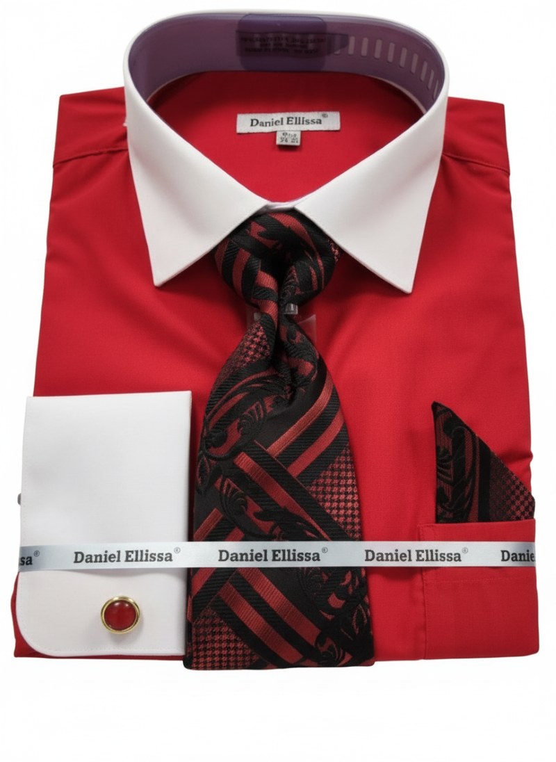 Red Geometric Jacquard Pattern French Cuff Dress Shirt Set