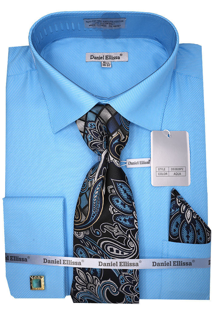 Detail of a premium aqua pinstriped men's dress shirt, complete with a matching tie and pocket square, exuding refined style.