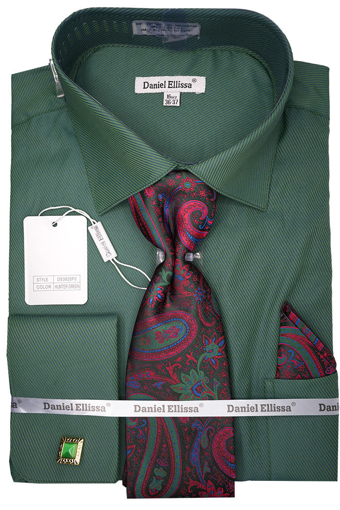 Daniel Ellissa hunter green pin striped dress shirt set with tie and handkerchief on a mannequin.