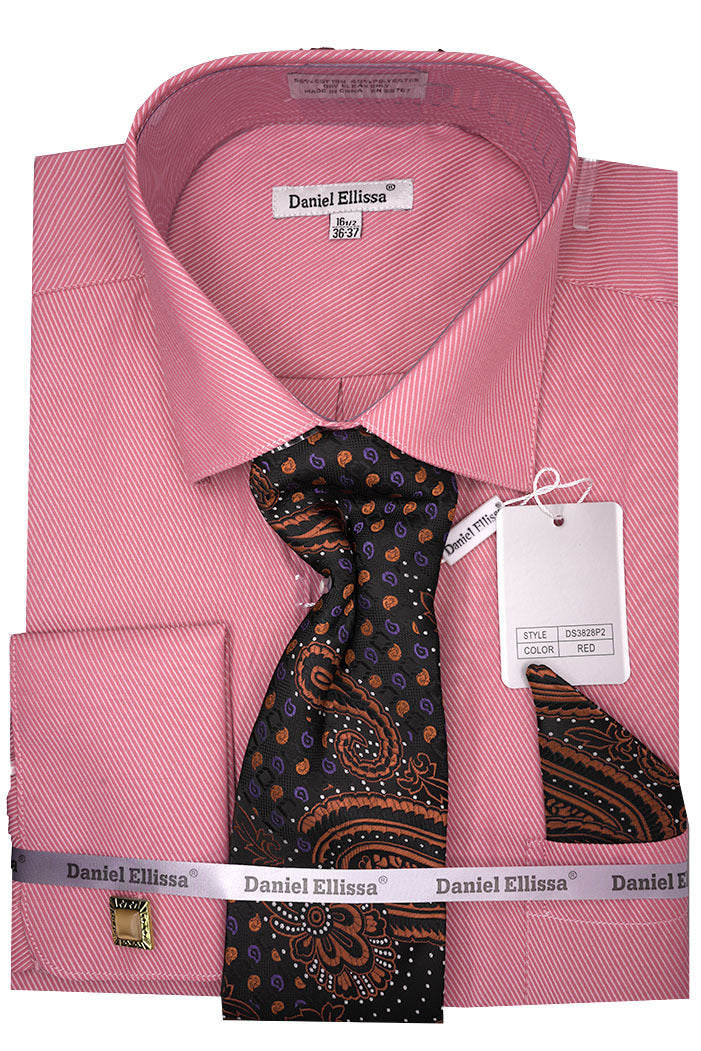 Men's Red Pin Striped Dress Shirt Set with Tie and Handkerchief 17½ 36/37 / Red