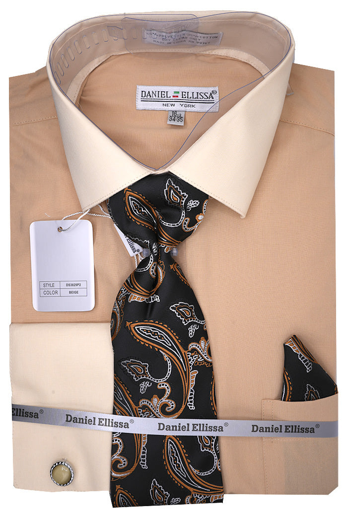 Solid beige Daniel Ellissa French cuff dress shirt, part of a set with a tie and handkerchief, showing collar and buttons.