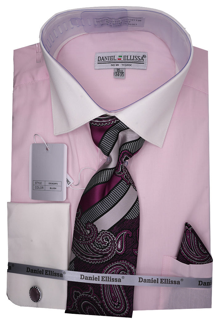 Men's Blush French Cuff Dress Shirt Set with Tie and Handkerchief 15 33/34 / Blush Men's Blush French Cuff Dress Shirt Set with Tie and Handkerchief 15 33/34 / Blush