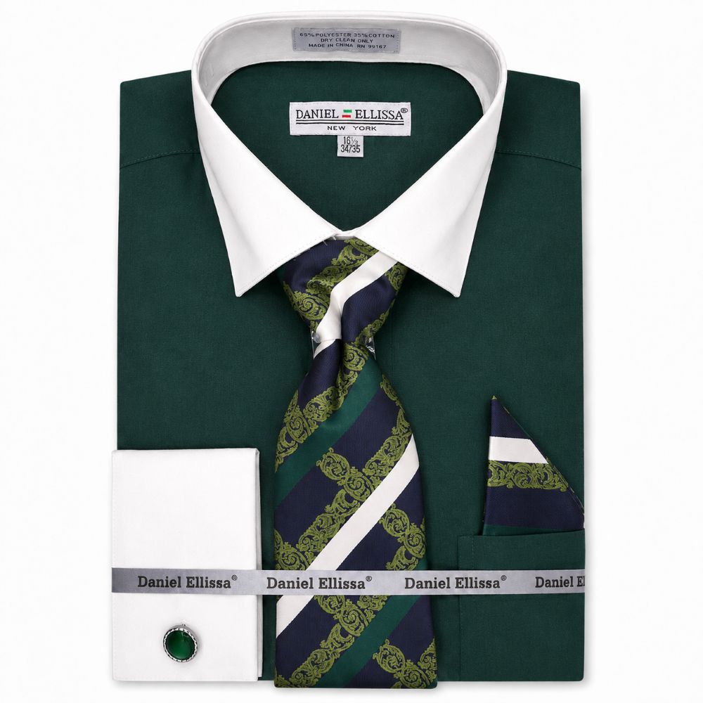 hunter green men dress shirt Men's French Cuff Set with Tie and Handkerchief 18½ 36/37 / Hunter Green discount suits Color:Bahama Blue/Gold Rent the Runway Now RQ2:492