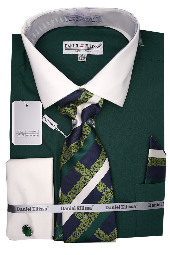 Men's Hunter Green French Cuff Dress Shirt Set with Tie and Handkerchief 18 36/37 / Hunter Green Men's Hunter Green French Cuff Dress Shirt Set with Tie and Handkerchief 18 36/37 / Hunter Green