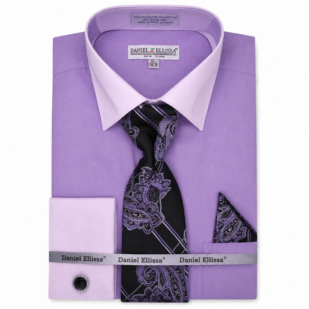 lavender color dress shirt Men's French Cuff Set with Tie and Handkerchief 17½ 34/35 / Lavender Classic Dijon Mustard Vinaigrette streamlined look that layers enduse-occasion Group-Dresses Color:Nightfall Multi