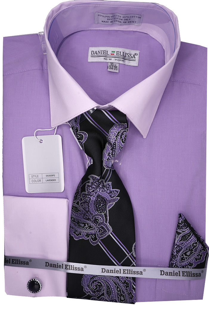Men's Lavender French Cuff Dress Shirt Set with Tie and Handkerchief 17 34/35 / Lavender Men's Lavender French Cuff Dress Shirt Set with Tie and Handkerchief 17 34/35 / Lavender