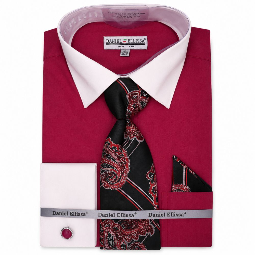 burgundy dress shirt with tie Men's Magenta French Cuff Set and Handkerchief 18½ 36/37 / Magenta Color:As Picture(Royal Blue) Giti Empire Waist Asymmetric PLUNGING-V-NECK 40% Polyester