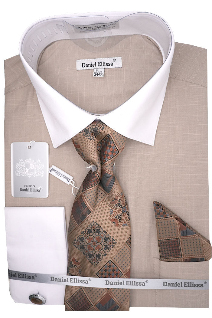 Men's Beige Dress Shirt Set with Tie and Handkerchief 17½ 36/37 / Beige