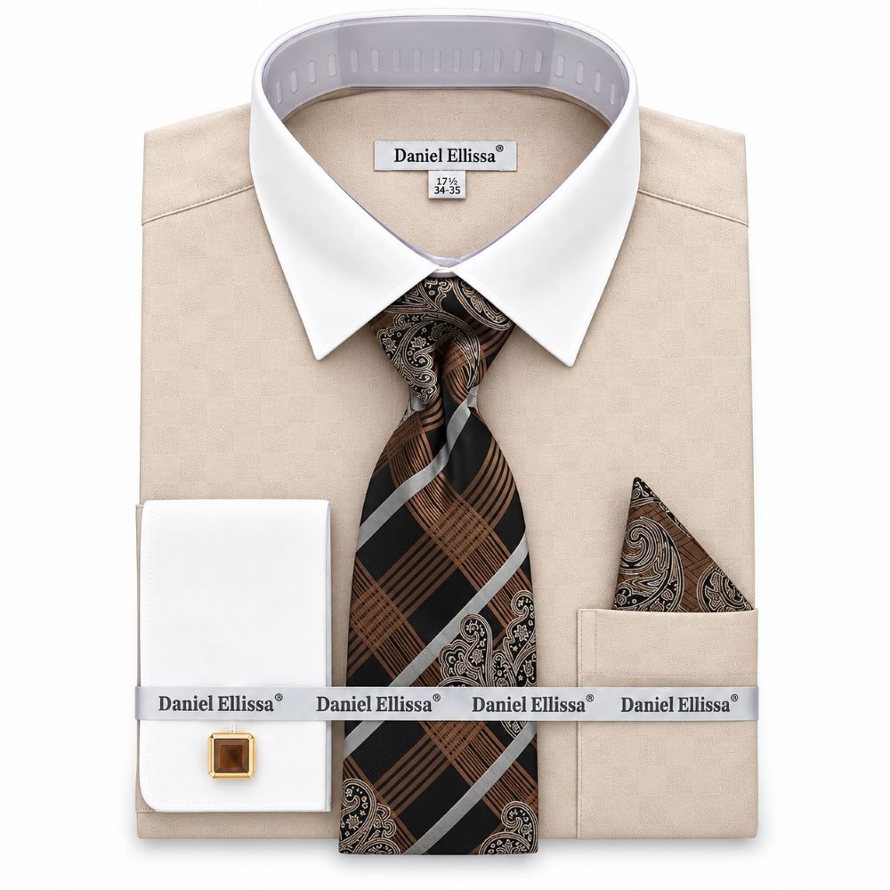 Beige White French Cuff Dress Shirt Set with Tie, Cuff Links and Pocket Square